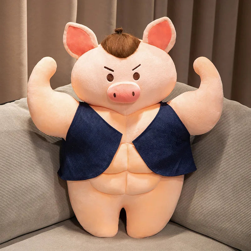 Muscle Pig Plush Toy with Denim Vest