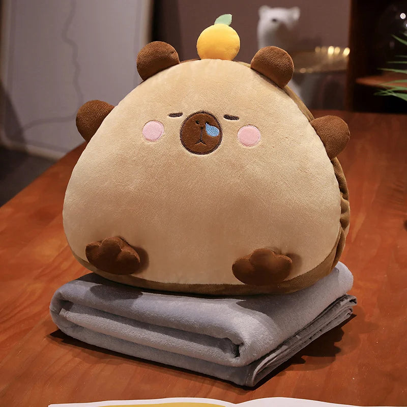 Beige Sleepy Animal Plush Pillow with Hidden Blanket