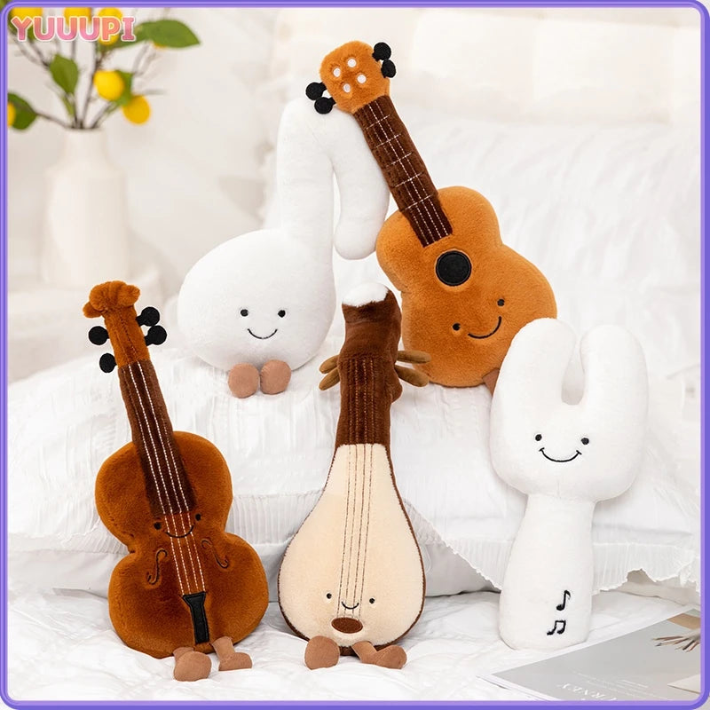 Cute Brown Violin Plush Toy with Smile Face