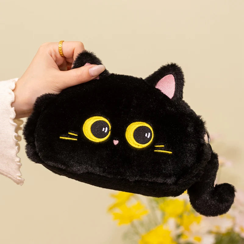 Black Cat Plush Pencil Case with Expressive Eyes