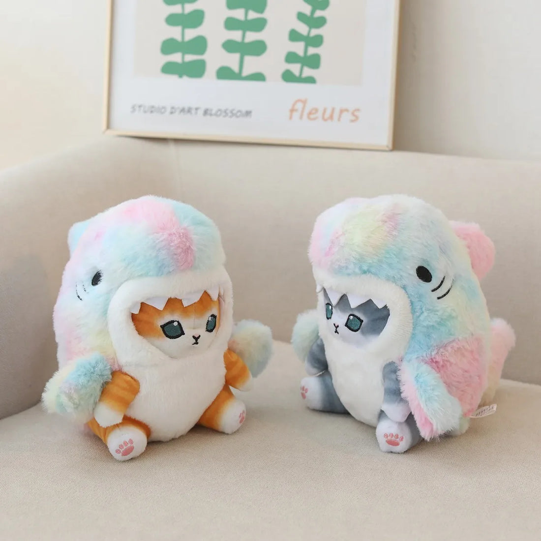 Cute Orange Tabby Cat in Blue Shark Plush