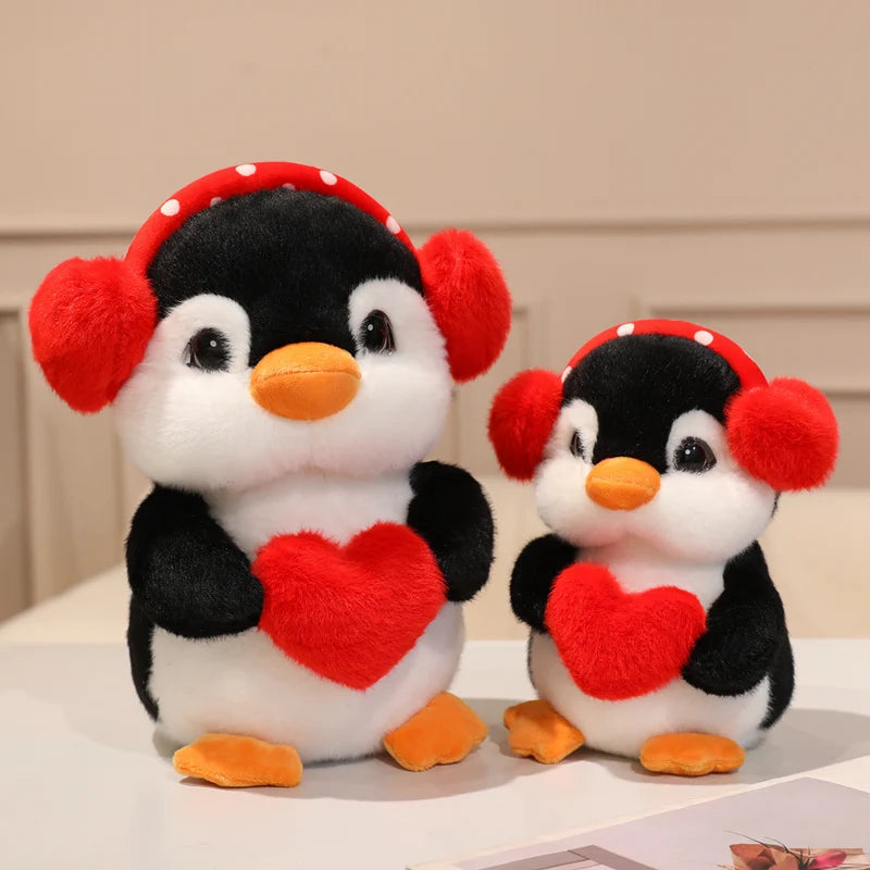 Adorable Plush Penguin with Red Heart and Polka Dot Earmuffs
