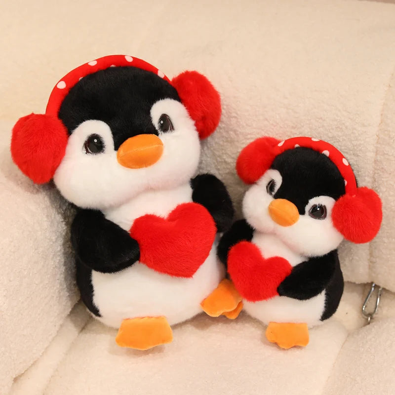 Adorable Plush Penguin with Red Heart and Polka Dot Earmuffs
