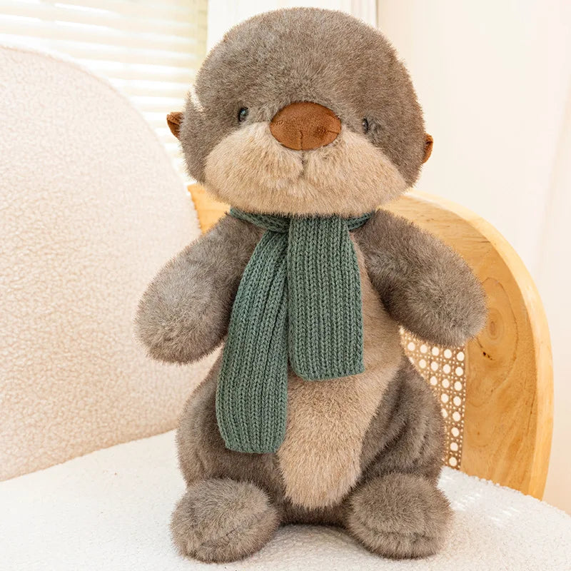 Cuddly Plush Otter with Knitted Green Scarf