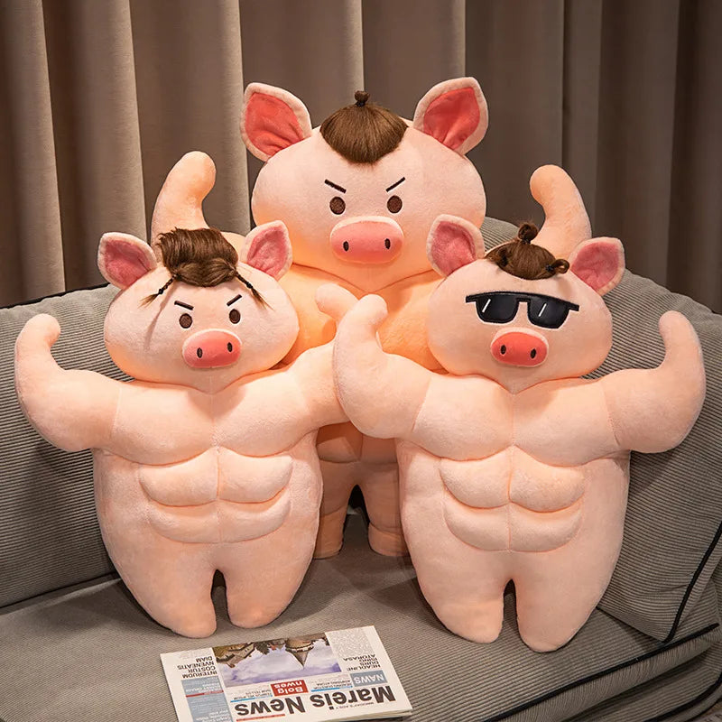 Muscle Pig Plush Toy with Denim Vest