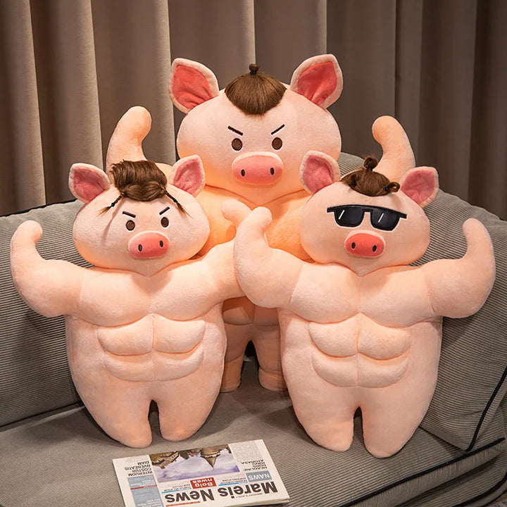 Muscle Pig Plush Toy with Denim Vest