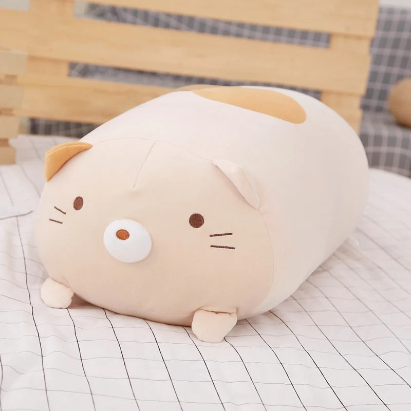 Chubby Calico Cat Plush Pillow with Smiling Face