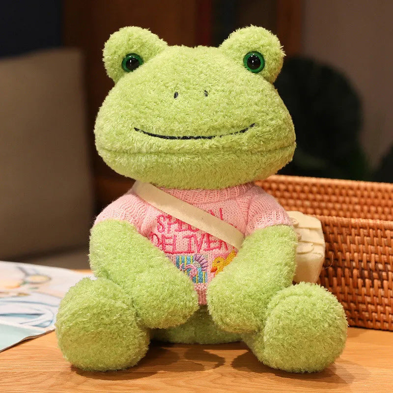 Cute Green Plush Frog with Knitted Sweater & Bag