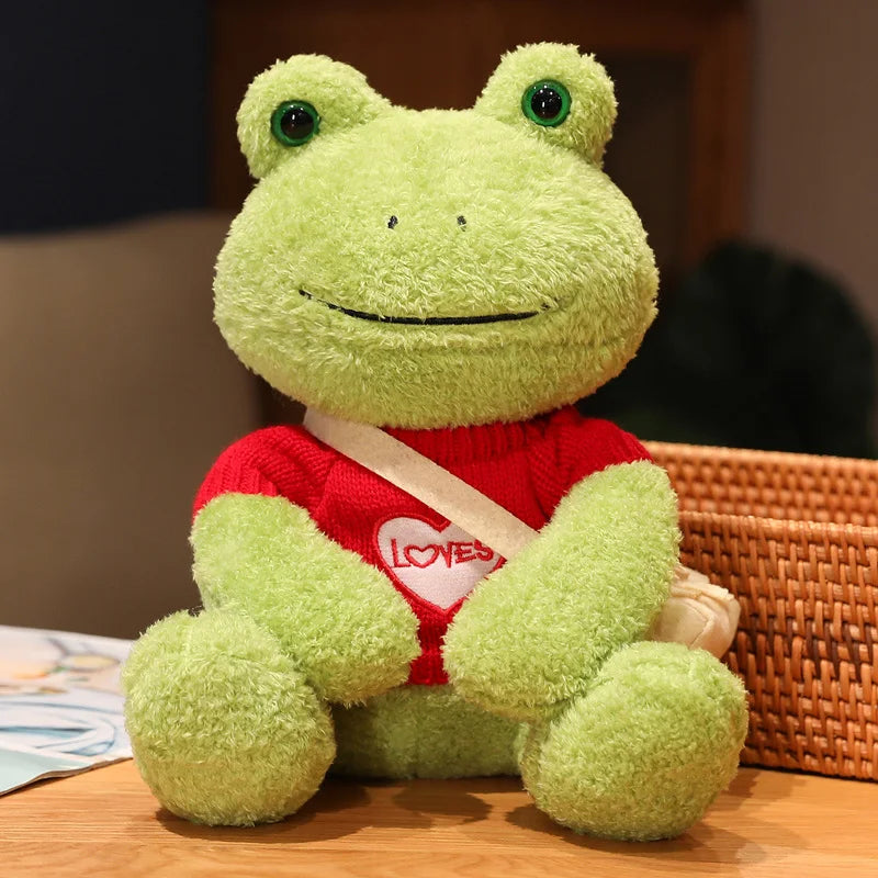 Cute Green Plush Frog with Knitted Sweater & Bag