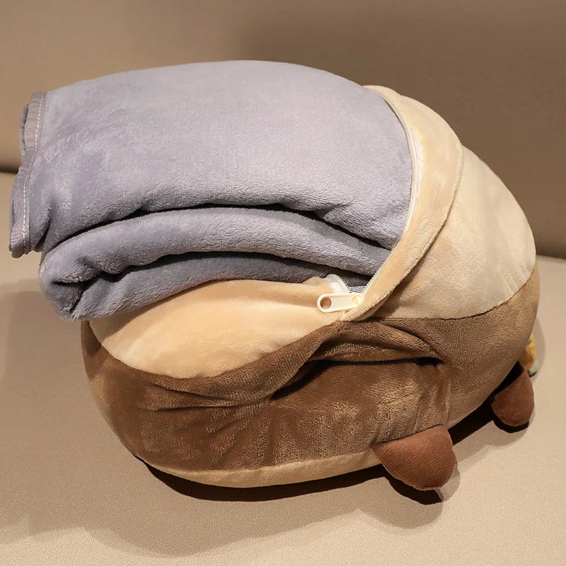 Beige Sleepy Animal Plush Pillow with Hidden Blanket