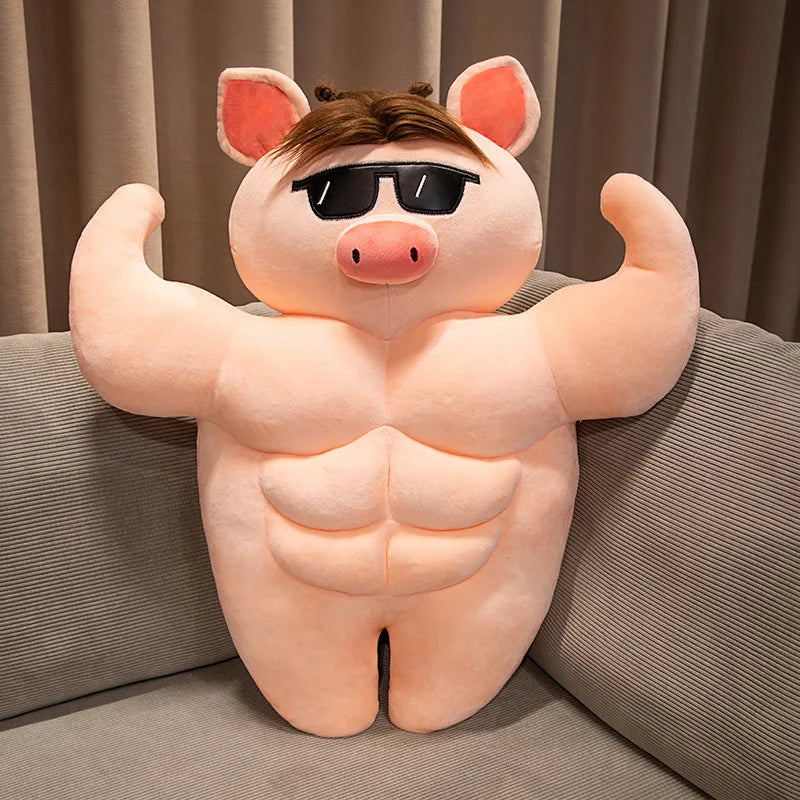 Muscle Pig Plush Toy with Denim Vest