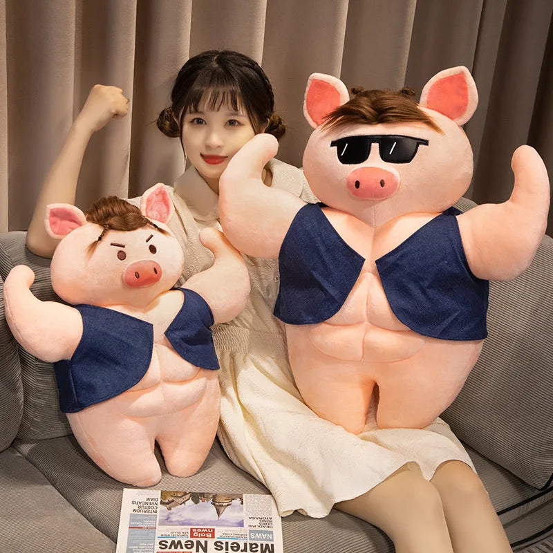 Muscle Pig Plush Toy with Denim Vest