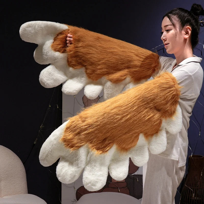 Fluffy White Paw Mittens with Pink Pads