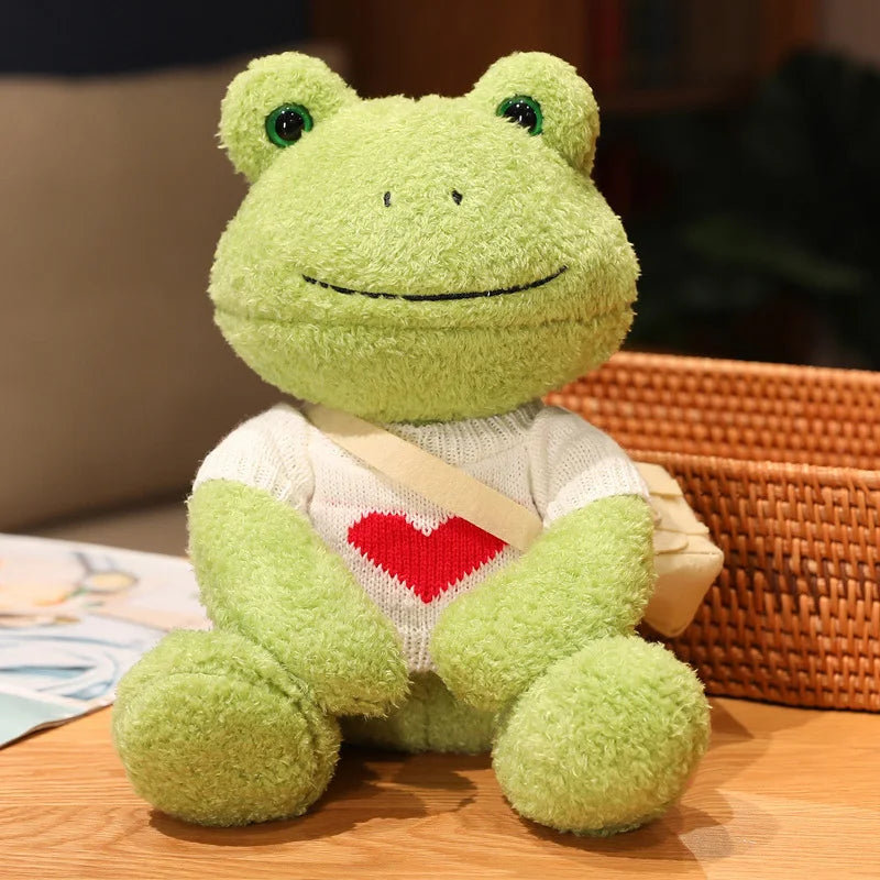Cute Green Plush Frog with Knitted Sweater & Bag