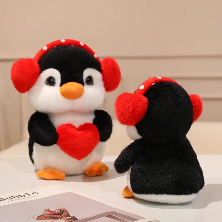 Adorable Plush Penguin with Red Heart and Polka Dot Earmuffs