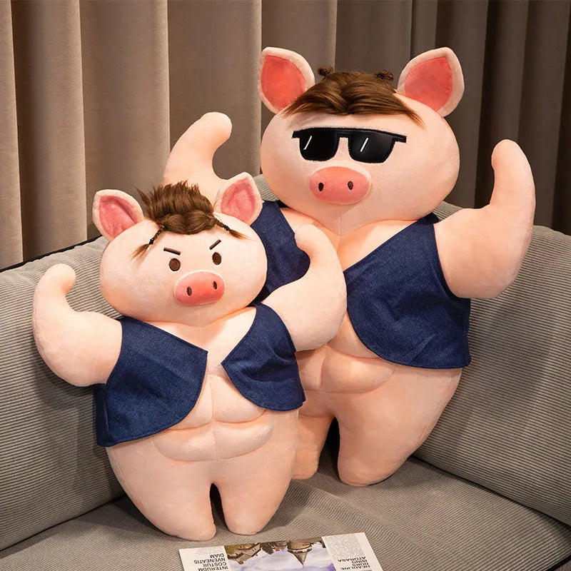 Muscle Pig Plush Toy with Denim Vest