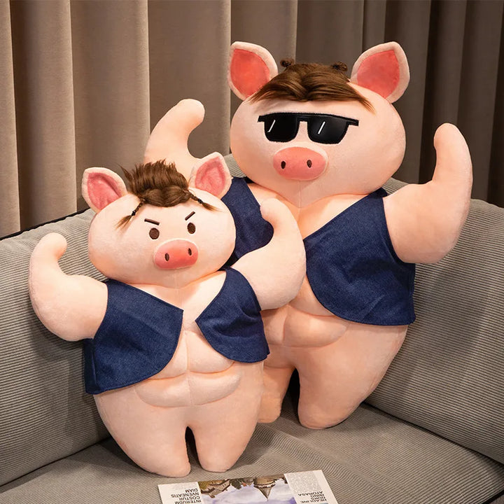Muscle Pig Plush Toy with Denim Vest