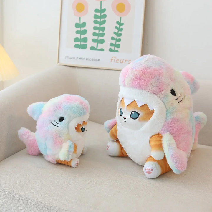Cute Orange Tabby Cat in Blue Shark Plush