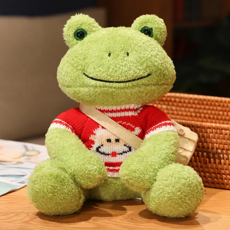 Cute Green Plush Frog with Knitted Sweater & Bag
