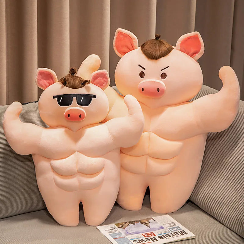 Muscle Pig Plush Toy with Denim Vest
