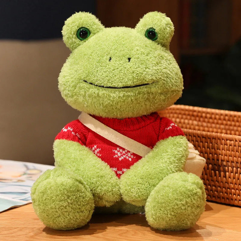 Cute Green Plush Frog with Knitted Sweater & Bag