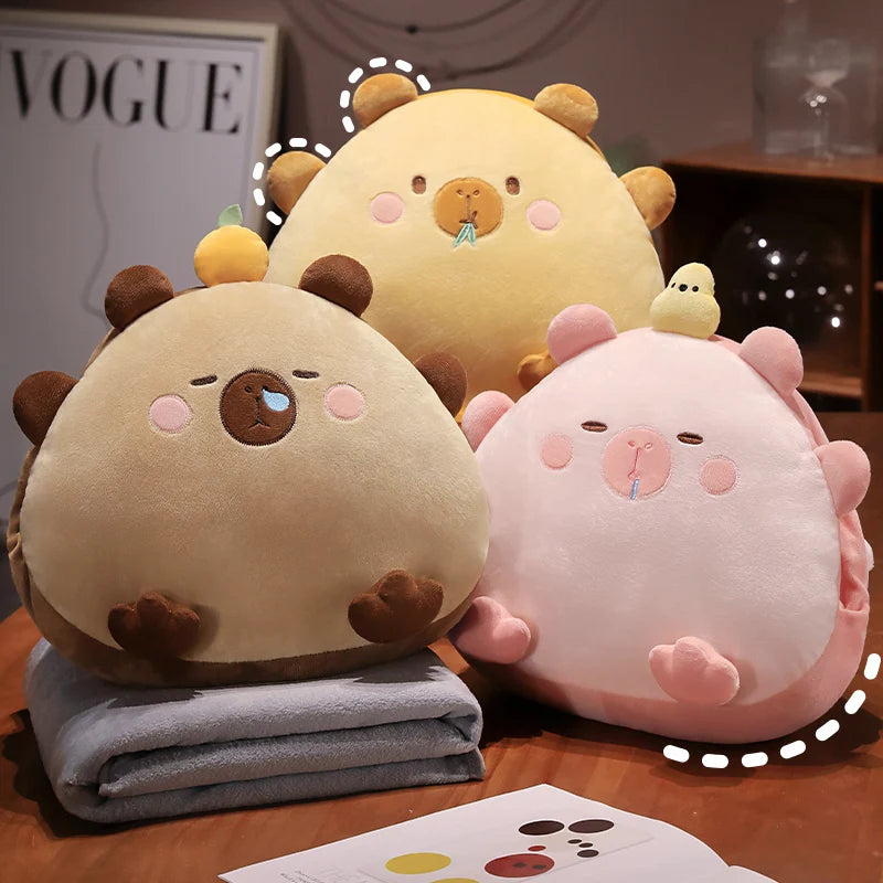 Beige Sleepy Animal Plush Pillow with Hidden Blanket