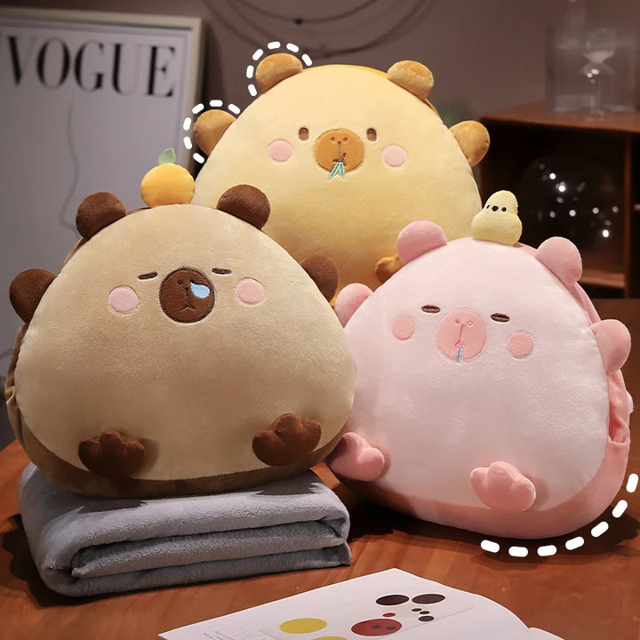 Beige Sleepy Animal Plush Pillow with Hidden Blanket