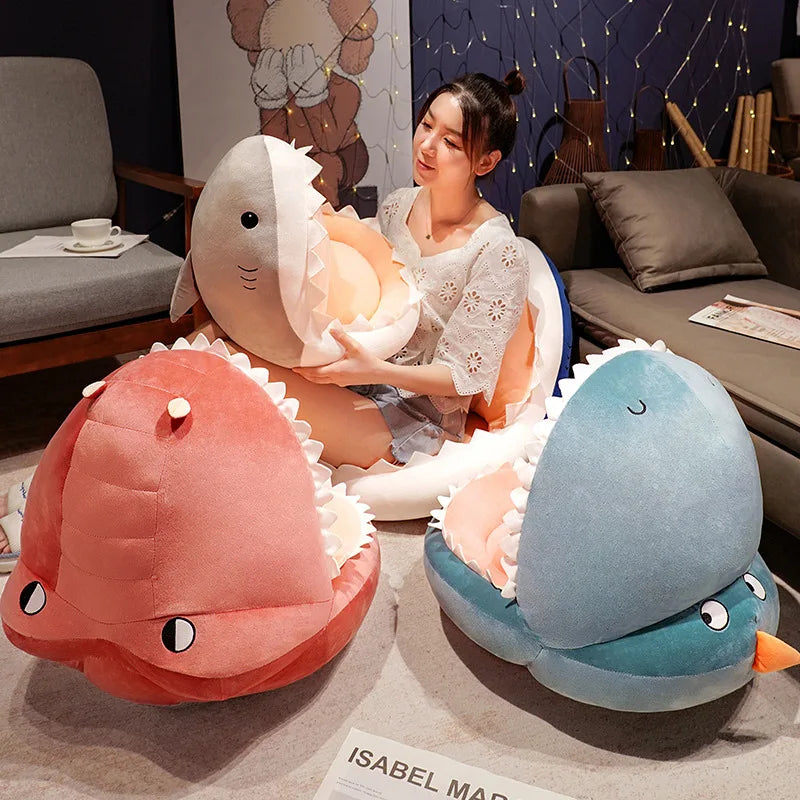 Cozy Grey Plush Shark Open Mouth Floor Bed