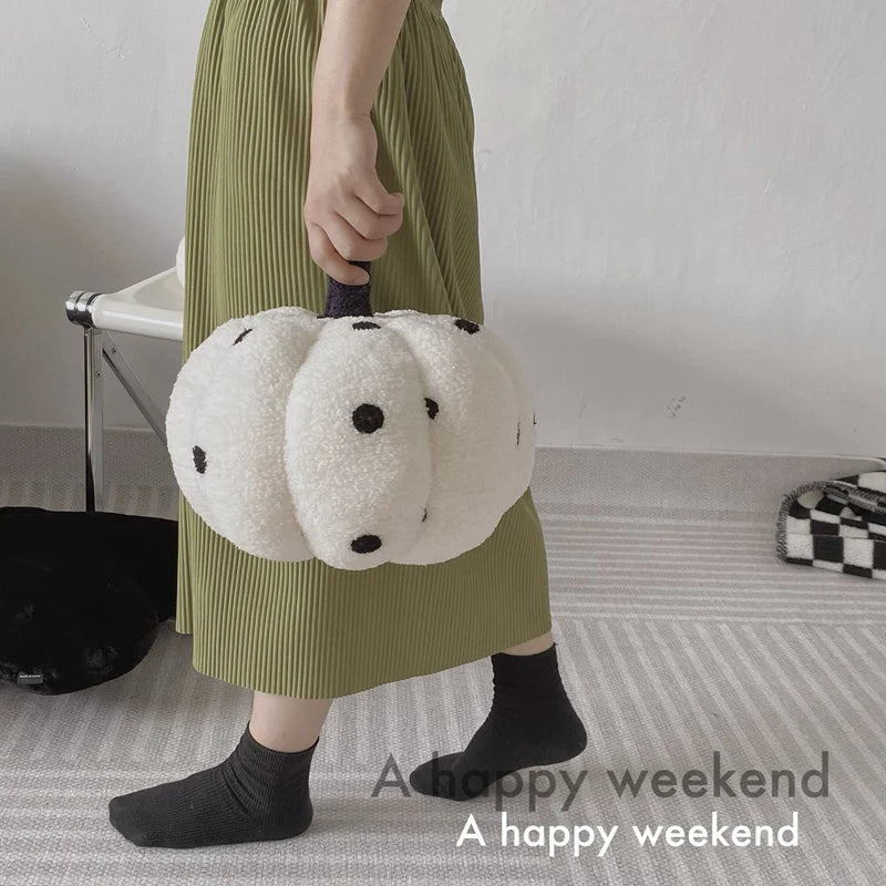Cream Plush Pumpkin Polka Dot Handbag