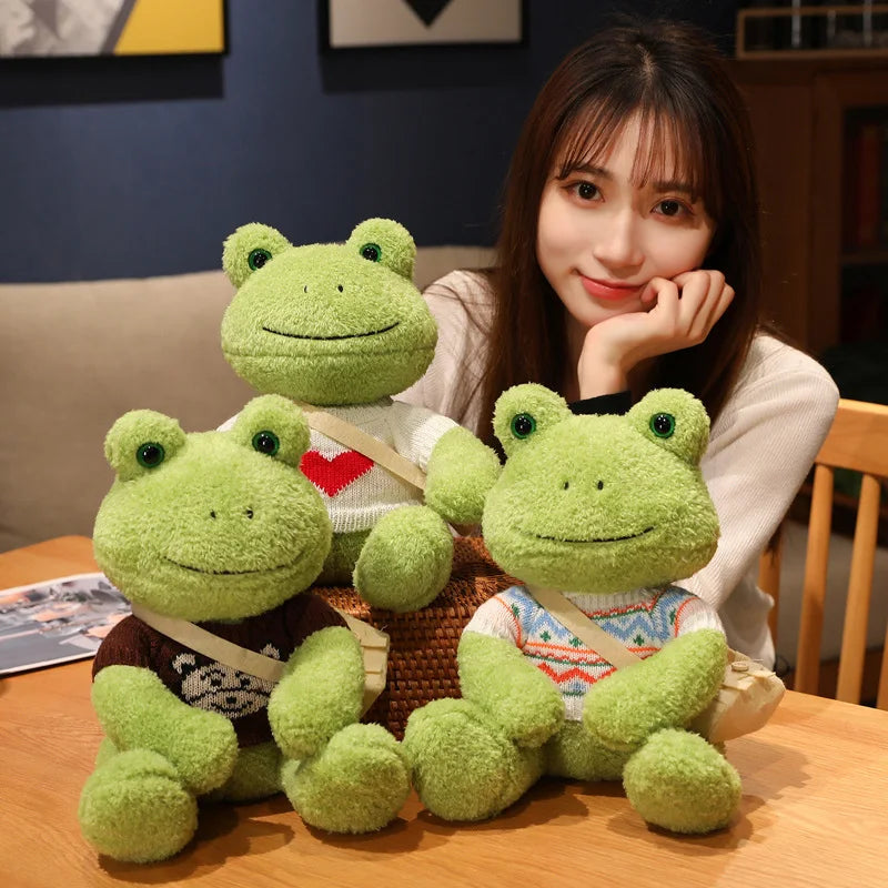Cute Green Plush Frog with Knitted Sweater & Bag