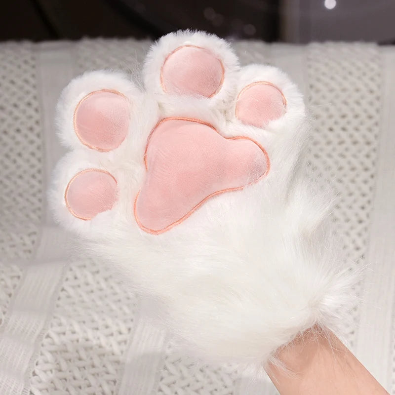 Fluffy White Paw Mittens with Pink Pads